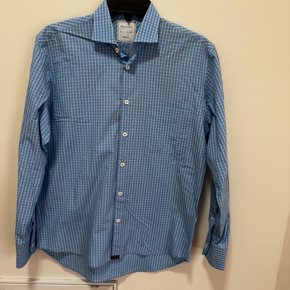 BILLY REID Standard Cut Button Up Long Sleeve Blue Plaid Shirt small men’s